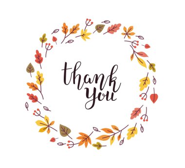 Sonbahar yapraklı ve harfli tebrik kartı yaratıcı illüstrasyonuna teşekkür ederim. - Vektör