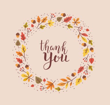 Sonbahar yaprakları ve meşe palamudu çelenkleriyle yazılmış el yazmaları için teşekkür ederim. Kart için Şükran Günü hat tasarımı