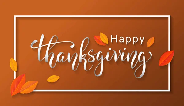 Joyeux Thanksgiving Lettrage Design Pour Bannière Carte Vœux Avec Feuilles — Image vectorielle