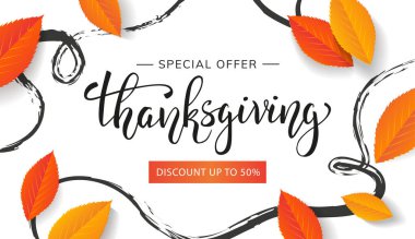 Şükran Günü indirimli pankart tasarımı konsepti. Güzel el yazmaları ve turuncu sonbahar yaprakları. - Vektör illüstrasyonu