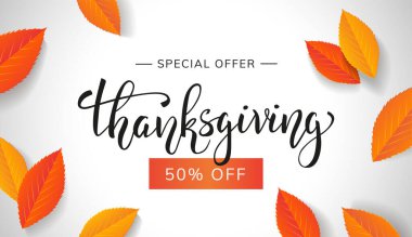 Şükran Günü afişi. Şükran Günü sonbahar indirimi. Tasarım için el yazısıyla yazılmış güzel bir yazı. - Vektör illüstrasyonu