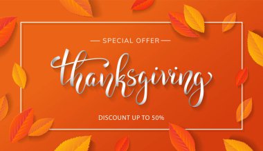 Şükran Günü indirimi% 50 'ye varan güzel harflerle ve turuncu arka planda yapraklarla. - Vektör illüstrasyonu