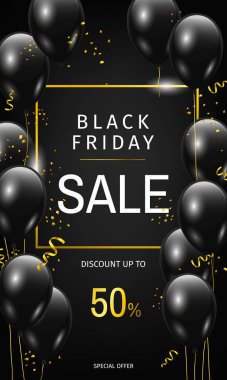 Kara Cuma broşüründe parlak siyah balonlar ve altın konfeti var. Siyah renkli ağ pankartı. - Vektör illüstrasyonu