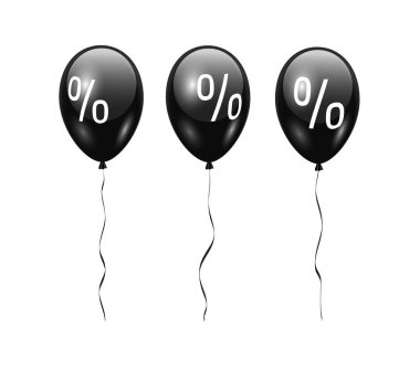 Beyaz arka planda yüzde işareti olan parlak vektör siyah balonları. Satılık afiş tasarımı için helyum içeren balonlar