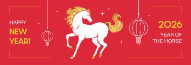 2026 yılında, geometrik elementlerle birlikte yatay pankart dizaynı. Şenlikli kırmızı, beyaz ve altın renkli resimli zarif bir at ve Çin feneri.
