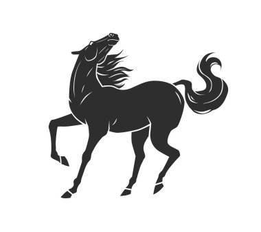 Dinamik koşu atı çizimi. Özgürlüğün, canlılığın ve güçlü ruhun sembolü. Beyaz arkaplanda siyah siluet