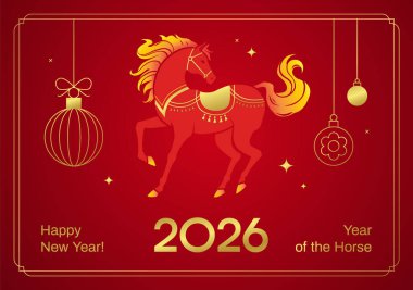 Kutlamalı Çin Yeni Yılı 2026 afişi. Süslü altın detayları ve Noel ampulleri olan ateş kırmızısı bir at. Web ya da yazdırmak için modern vektör tasarımı. At Yılı