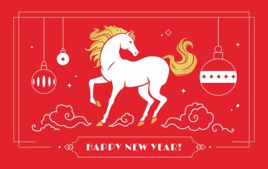 Doğulu bulutlar ve Noel mücevherleriyle çevrili Vektör At silueti. Canlı kırmızı arka planda modern tasarım. Mutlu yıllar afiş şablonu