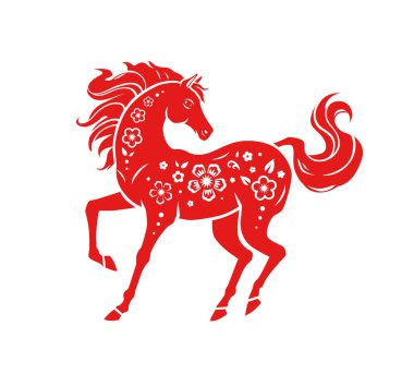 Çin çiçekli kağıt kesim desenli kırmızı at. Geleneksel tarz Zodiac sembolü beyaza izole edilmiş. Çin Yeni Yılı için İllüstrasyon