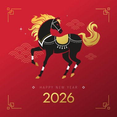 At 2026 'nın tebrik kartı yılı. Kırmızı arka planda süs eyeri ve dizginli stilize edilmiş aygır çizimi. Çin burcu Zodiac tabela sanatı