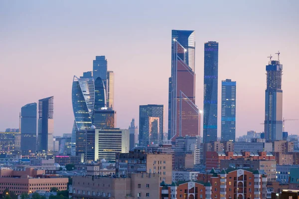 Moszkva Skyline Panorama Este Alkonyatkor Légifelvételek Irodák City Felhőkarcoló — Stock Fotó