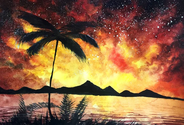 tropical red and yellow night galaxy watercolor illustration