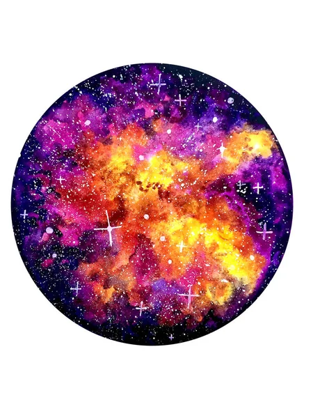 Yellow Violet Pink Galaxy Texture Circle Watercolor Illustration — Stock Photo, Image