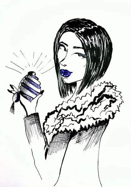 Dziewczyna Krótkie Włosy Glam Atrament Ilustracja — Zdjęcie stockowe