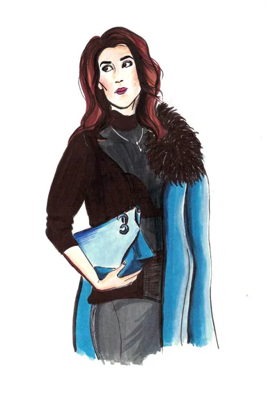 手描きのバッグにブルー ジーンズでファッショナブルな女の子 — ストック写真