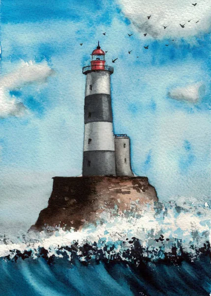海の灯台の手作り水彩イラスト — ストック写真