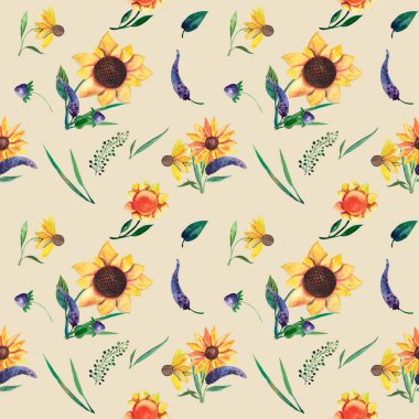Sulu boya Dikişsiz desen bej renkli arka plan üzerinde. Ayçiçeği, yaprakları ve yabani otlar