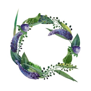 Mor çiçekler, yapraklar ve otlar ile suluboya izole çelenk