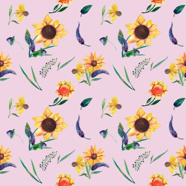 Mor zemin üzerine suluboya seamless modeli. Ayçiçeği, yaprakları ve yabani otlar. İllüstrasyon izole beyaz arka plan üzerinde. T-shirt, dekor, tebrik kartı, poster ya da fotoğraf için şablon yerleşimi