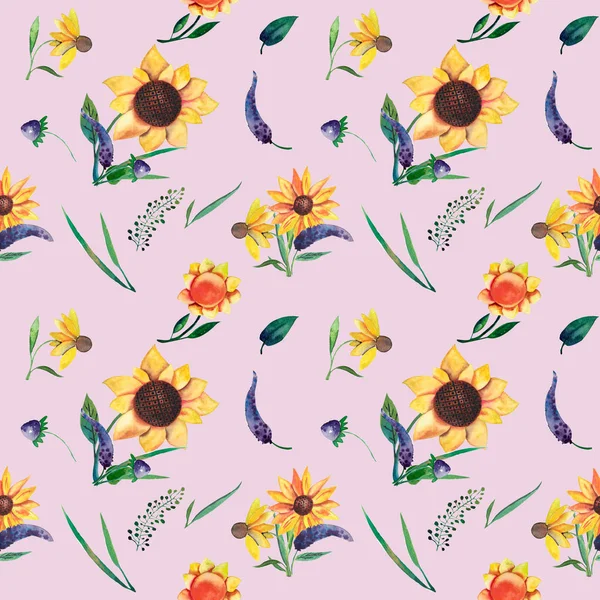 Seamless watercolor pattern on violet background. Sunflowers, leaves and wild herbs. Illustration isolated on white background. Template for T-shirt, decor, greeting card, poster or photo overlay — Stock Photo, Image