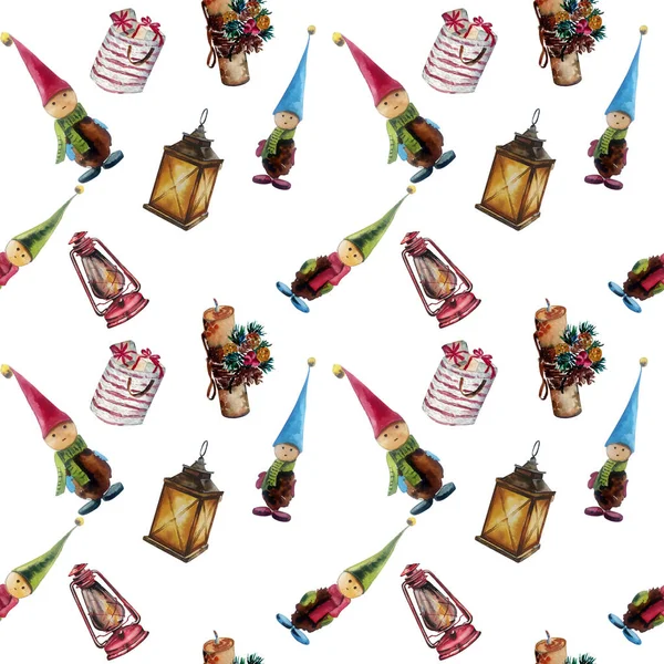 Hand-drawn watercolor seamless pattern. Christmas decorations, lanterns, gifts, gnomes. Suitable for printing on textiles, wrapping paper, greeting cards. — Stock Photo, Image