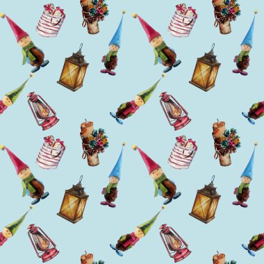 Sulu boya Dikişsiz desen çizilmiş. Noel süsleri, fenerler, hediyeler, cüceler. Tekstil üzerinde baskı, kağıt ambalaj, tebrik kartları için uygun