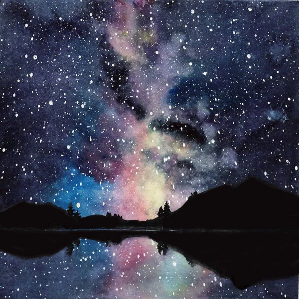 Handdrawn watercolor galaxy, stars in the night space. Beautiful Milky Way. — Stock Photo, Image