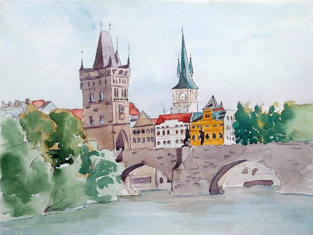 Handdrawn illustration. Watercolor color landscape of Prague, Charles Bridge