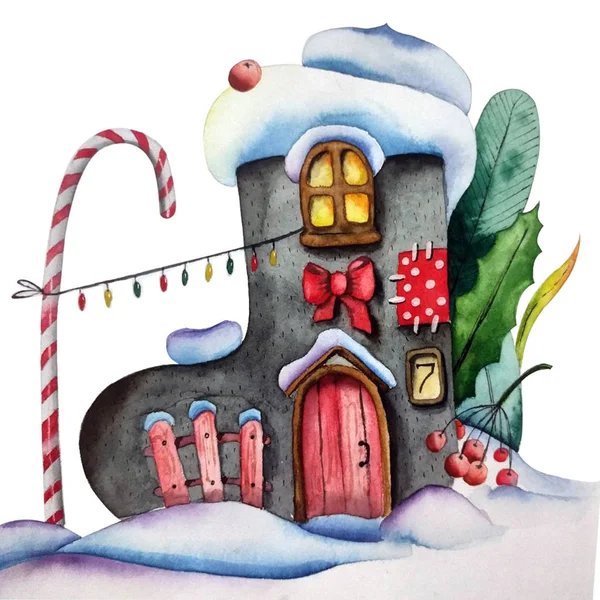 Ilustración acuarela dibujada a mano aislada sobre fondo blanco. Casa de botas de fieltro de invierno con luces, hierbas y dulces — Foto de Stock