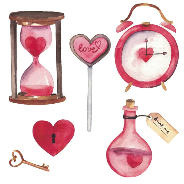 Juego de acuarelas dibujadas a mano de elementos aislados sobre fondo blanco. Hermosos elementos en forma de corazón: veneno para el amor, llave, reloj de arena, cerradura, despertador —  Fotos de Stock