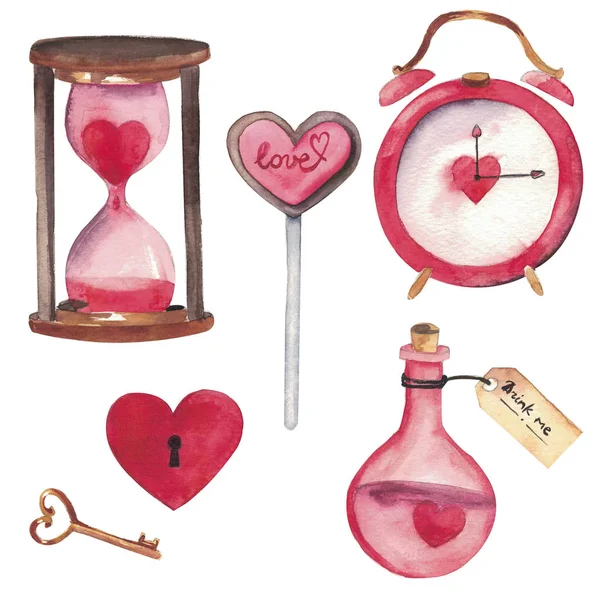 Handdrawn watercolor set of elements isolated on white background. Beautiful heart-shaped elements: love poison, key, hourglass, lock, alarm clock