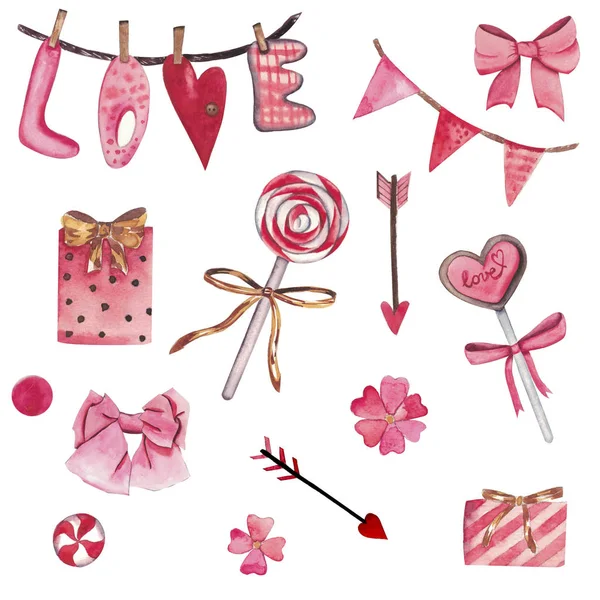 흰색 배경에 고립 된 요소의 Handdrawn 수채화 세트. 세인트 발렌타인 데이 대 한 아름 다운 분홍색 요소 — 스톡 사진