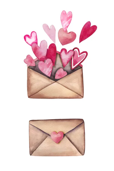 Ensemble de lettres d'amour aquarelle : belles enveloppes avec des cœurs . — Photo