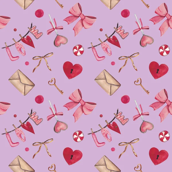 Handdrawn watercolor pattern for Valentines day: heart, key, lock, bow, envelope, love, candy