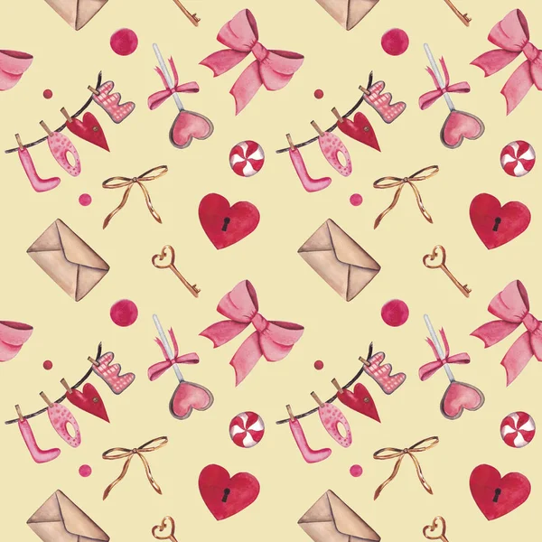 Watercolor seamless pattern for Valentines day with heart, key, lock, bow, envelope, love, candy. Suitable for invitations, postcards, fabrics, interior design, packing paper, phone cases