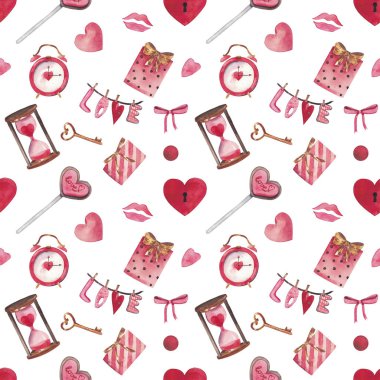 Kalp, anahtar, kilit, yay, zarf, sevgi, şeker, ok, çiçek ile sulu boya Dikişsiz desen Sevgililer günü için. Davetiyeler, kartpostallar, kumaşlar, iç tasarım, kağıt ambalaj, telefon için uygundur.