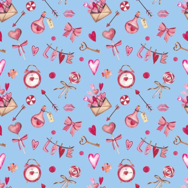 Kalp, anahtar, kilit, yay, zarf, sevgi, şeker, ok, çiçek ile sulu boya Dikişsiz desen Sevgililer günü için. Davetiyeler, kartpostallar, kumaşlar, iç tasarım, kağıt ambalaj, telefon için uygundur.