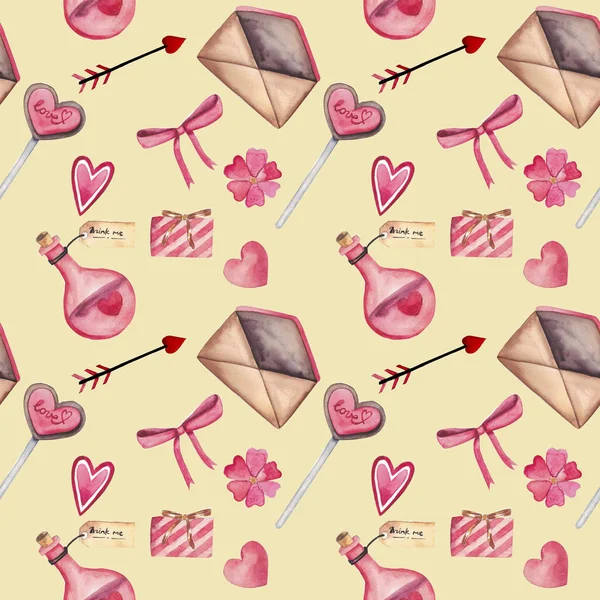Handdrawn akvarell mönster för alla hjärtans dag: hjärtat, nyckel, lås, båge, kuvert, kärlek, godis — Stockfoto