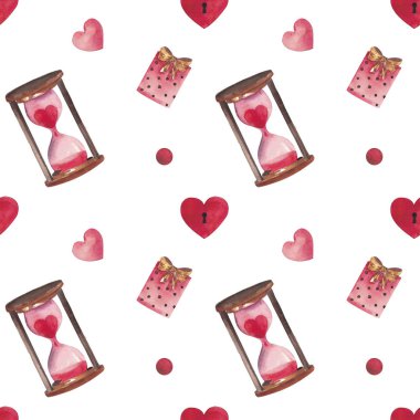 Sulu boya Dikişsiz desen Sevgililer günü kalp, kum saati, şeker. Davetiyeler, kartpostallar, kumaş iç kağıt telefon durumlarda ambalaj tasarım için uygundur.