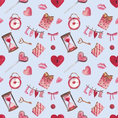 Sevgililer günü için kalp, anahtar, kilit, yay, zarf, sulu boya Dikişsiz desen seviyorum, şeker. Davetiyeler, kartpostallar, kumaş iç kağıt telefon durumlarda ambalaj tasarım için uygundur.