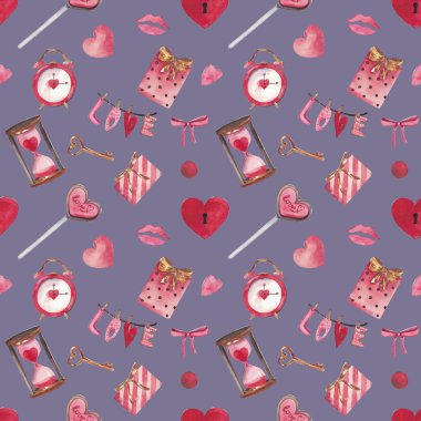 Sevgililer günü için kalp, anahtar, kilit, yay, zarf, sulu boya Dikişsiz desen seviyorum, şeker. Davetiyeler, kartpostallar, kumaş iç kağıt telefon durumlarda ambalaj tasarım için uygundur.