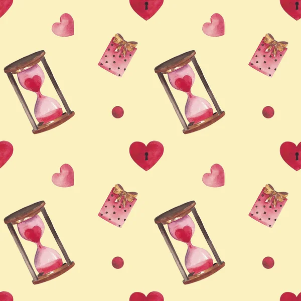 Watercolor seamless pattern for Valentines day with heart, hourglass, candy. Suitable for invitations, postcards, fabrics interior design packing paper phone cases
