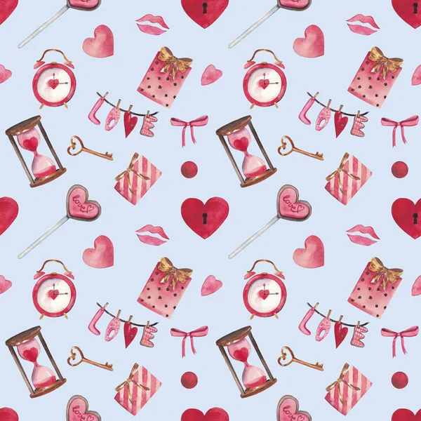 Watercolor seamless pattern for Valentines day with heart, key, lock, bow, envelope, love, candy. Suitable for invitations, postcards, fabrics interior design packing paper phone cases — Stock Photo, Image