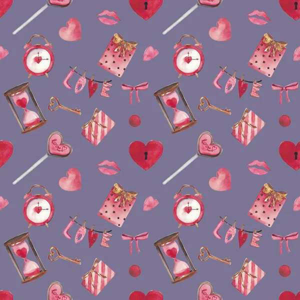 Watercolor seamless pattern for Valentines day with heart, key, lock, bow, envelope, love, candy. Suitable for invitations, postcards, fabrics interior design packing paper phone cases — Stock Photo, Image