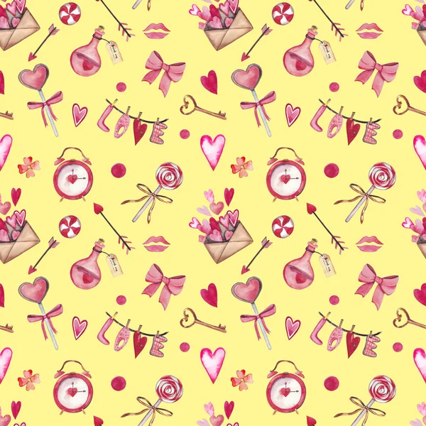 Watercolor seamless pattern for Valentines day with heart, key, lock, bow, envelope, love, candy, arrow, flower. Suitable for invitations, postcards, fabrics, interior design, packing paper, phone