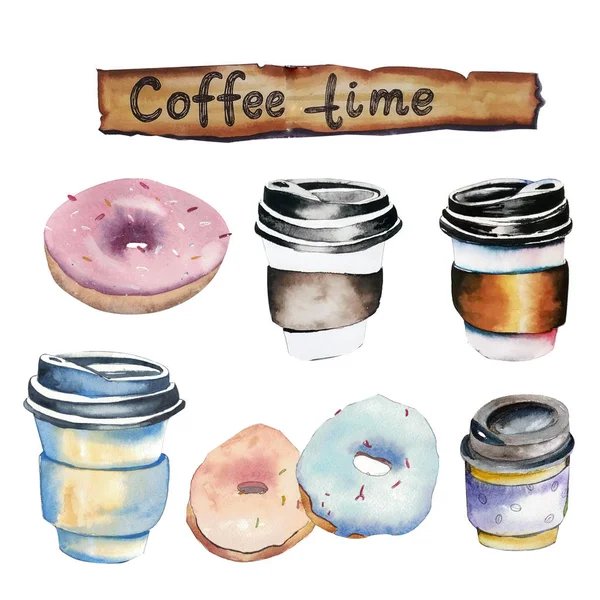 Set of watercolor paper cups and donuts isolated on white background — Stock Photo, Image