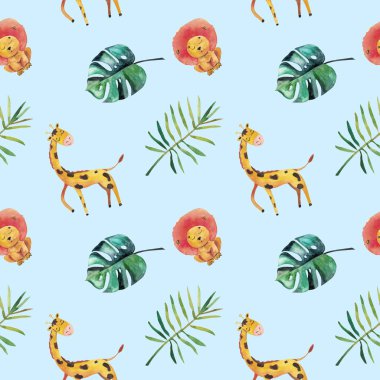 Elle çizilmiş suluboya dikişsiz desen. Yeşil tropikal yapraklar ve vahşi hayvanlar