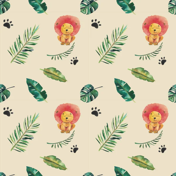 Hand-drawn watercolor seamless pattern. Green tropical leaves and wild animals — Stock Photo, Image