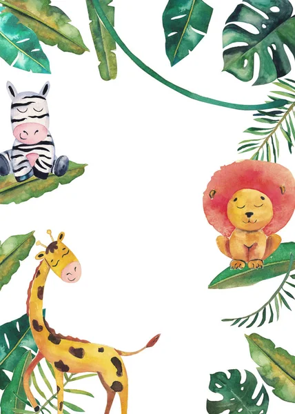 Vahşi hayvanlar ve orman yaprakları ile suluboya davetiye. Çocuklar elle çizilmiş illüstrasyon — Stok fotoğraf