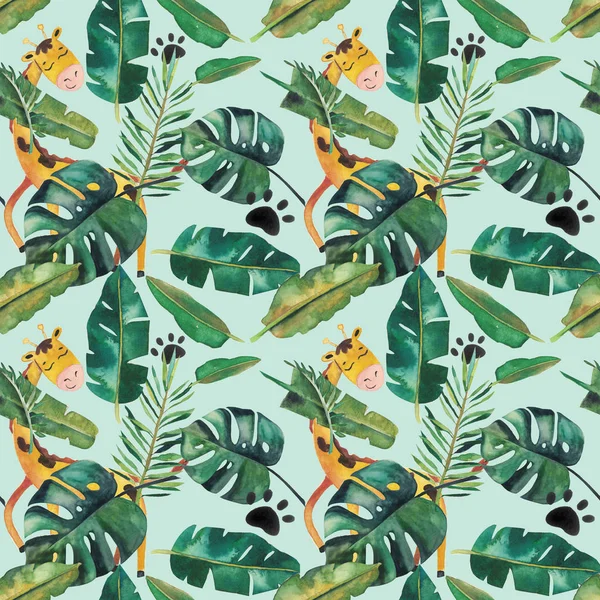 Handritade akvarell sömlösa mönster. Gröna tropiska löv och vilda djur — Stockfoto